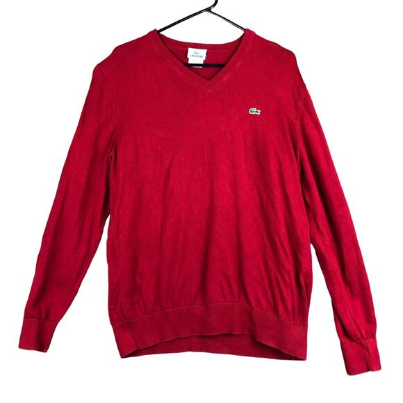 Lacoste Mens Sweater Red V Neck 100% Cotton Pull Over Long Sleeve Alligator 5 - Picture 1 of 12